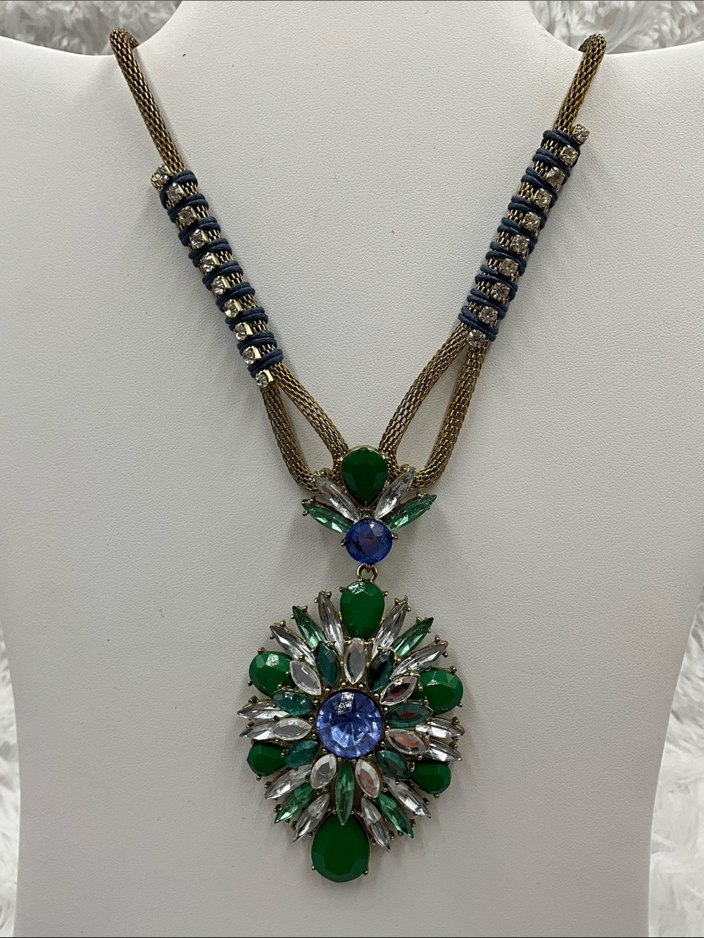 Bansri “Fergie Blue” Statement Necklace Gold-Tone Blue Green Floral Pendant